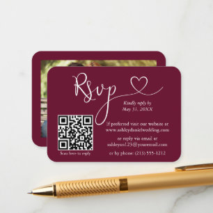 Calligraphy Heart Photo Bröllop Burgundy OSA QR Tilläggskort