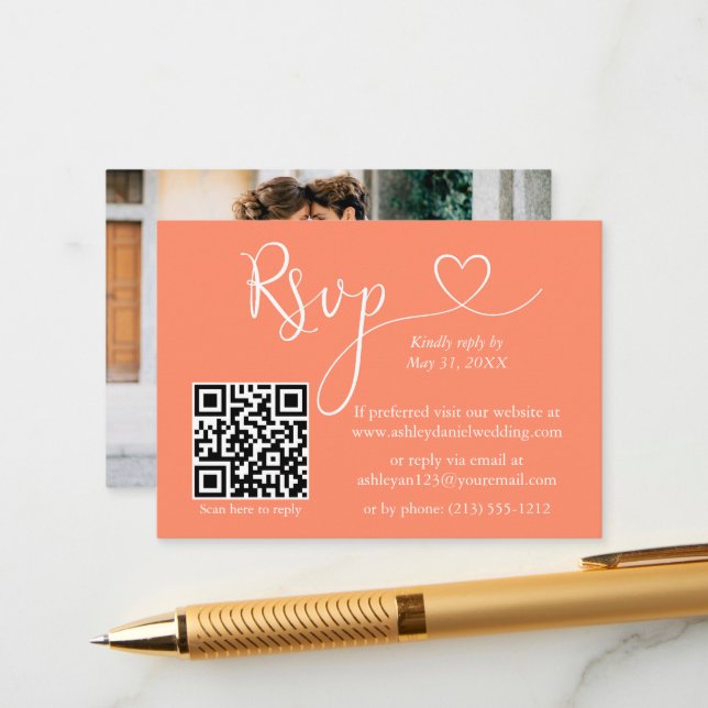 Calligraphy Heart Photo Bröllop Coral QR OSA Tilläggskort (Fram/Back In Situ)