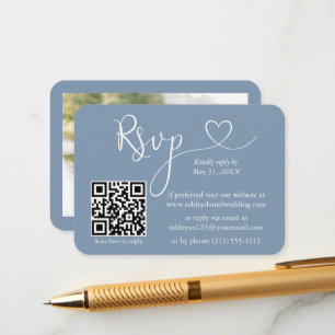 Calligraphy Heart Photo Bröllop Dusty Blue OSA QR Tilläggskort