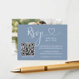 Calligraphy Heart Photo Bröllop Dusty Blue QR OSA Tilläggskort