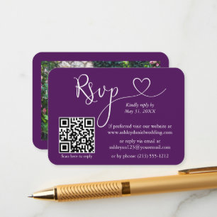 Calligraphy Heart Photo Bröllop Lila OSA QR Tilläggskort