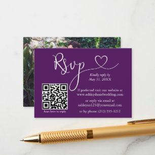 Calligraphy Heart Photo Bröllop Lila QR OSA Tilläggskort