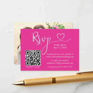 Calligraphy Heart Photo Bröllop Shock rosa QR OSA Tilläggskort