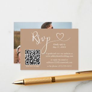 Calligraphy Heart Photo Bröllop Taupe QR OSA Tilläggskort