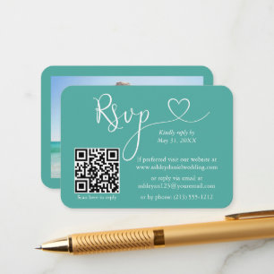 Calligraphy Heart Photo Bröllop Teal OSA QR Tilläggskort