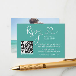 Calligraphy Heart Photo Bröllop Teal QR OSA Tilläggskort