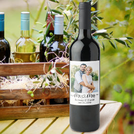 Calligraphy Heart Photo Mr. och Mrs. Bröllop Vinflaska Etikett