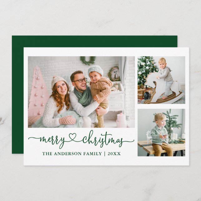 Calligraphy Heart Script Grönt jul 3 Photo Julkort (Fram/baksida)