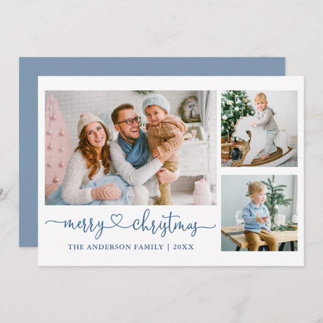 Calligraphy Heart-skript jul Blue 3 Photo Julkort (Fram/baksida)