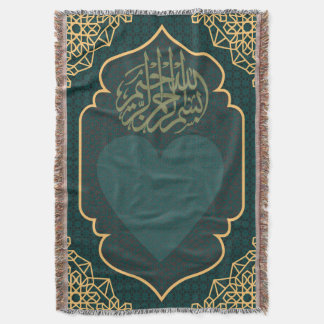 Calligraphy Heart Teal Gold Woven Filt