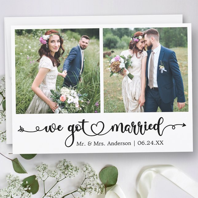 Calligraphy Heart Vi Har Married 2 Photo Bröllop Meddelande (Customize to change your personalized text size, text style or to add text to back of card.)