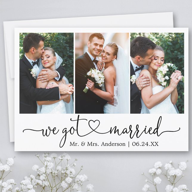 Calligraphy Heart Vi Har Married 3 Photo Bröllop Meddelande (Customize to add text or more photos to back of card.)