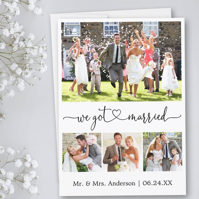 Calligraphy Heart Vi Har Married 4 Photo Bröllop Meddelande (Customize to add text or more photos to back of card.)