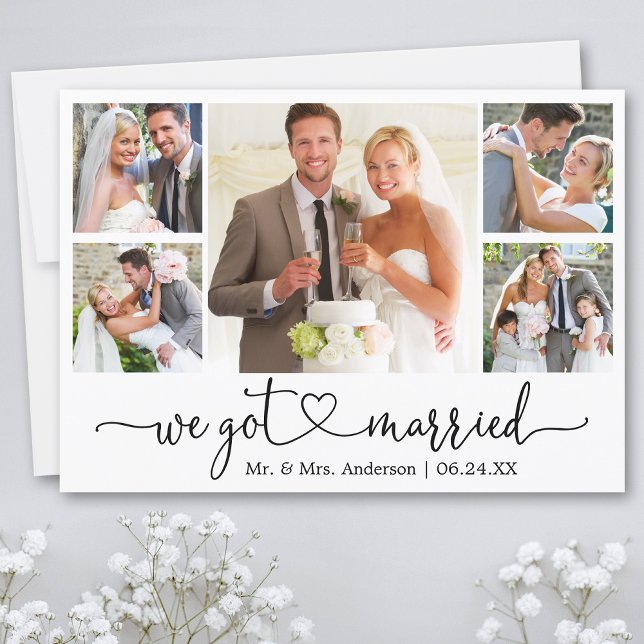 Calligraphy Heart Vi Har Married 5 Photo Bröllop Meddelande (Customize to add text or more photos to back of card.)