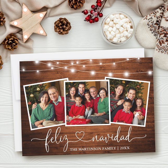 Calligraphy Heart Wood Ljus Feliz Navidad Julkort (Customize to add text to back of card.)