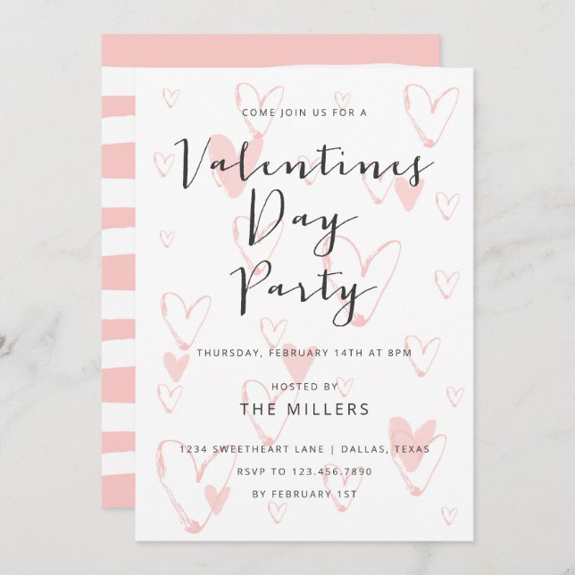 Calligraphy Hearts Valentine Party Inbjudningar (Fram/baksida)