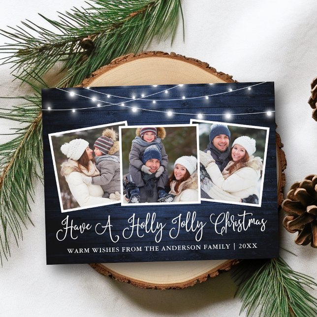 Calligraphy Holly Jolly jul Blue Wood Ljus Vykort (Customize to change your personalized text size or text style.)