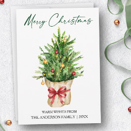 Calligraphy Ink Christmas Watercolor Pine Red Bow Julkort