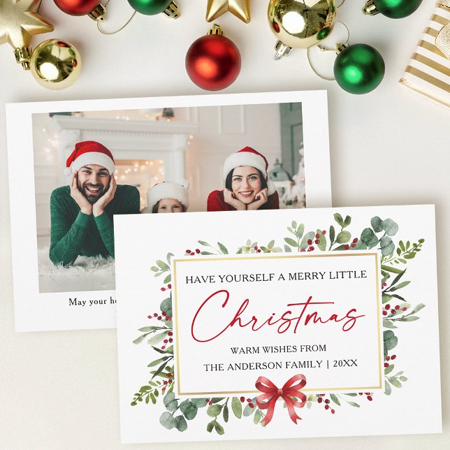 Calligraphy Ink Watercolor Greenery Red Bow Photo Julkort (Customize to change your personalized text size or text style.)