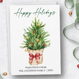 Calligraphy Ink Watercolor Pine Red Bow Julkort