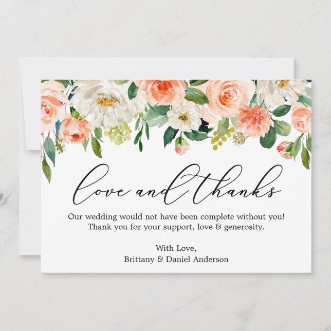 Calligraphy Kärlek, tack Blommigten Coral White Kort (Framsida)