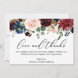Calligraphy Kärlek, tack Burgundy Blue-Blommigt Kort