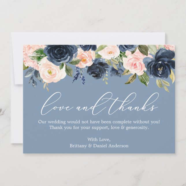 Calligraphy Kärlek Tack Dusty Blue Rosa Blommigt Kort (Framsida)