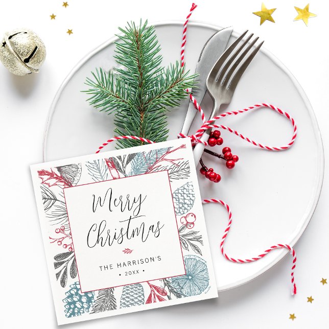 Calligraphy Lettering God jul Greenery Pappersservett (Calligraphy Lettering Merry Christmas Greenery Napkins)