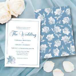 Calligraphy Line Art Dusty Blue Floral Wedding Inbjudningar