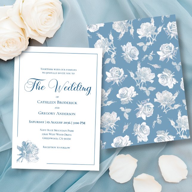 Calligraphy Line Art Dusty Blue Floral Wedding Inbjudningar (Skapare uppladdad)