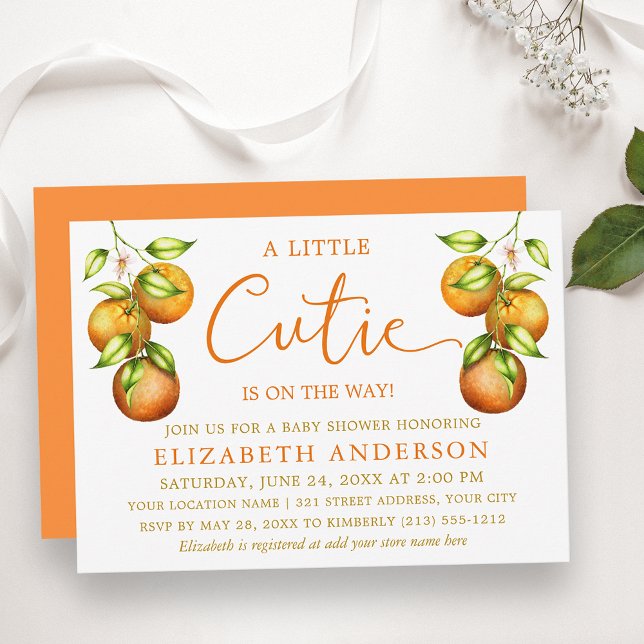 Calligraphy Little Cutie Baby Shower Orange Guld Inbjudningar (Customize to change text size, color, style or to change color of back of card.)