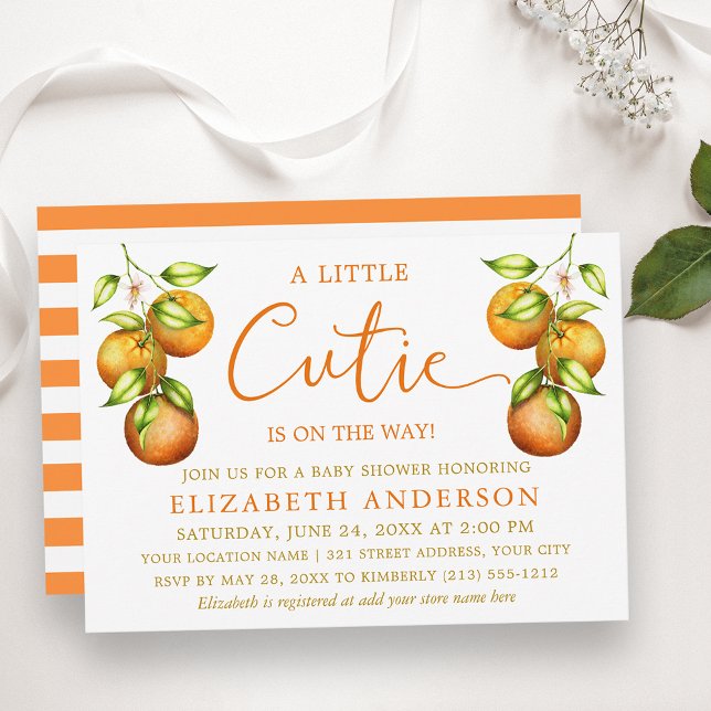 Calligraphy Little Cutie Shower Oranges Rand Inbjudningar (Customize to change text size, color or style.)