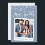 Calligraphy Ljus Instant Camera Photo Hanukah Julkort<br><div class="desc">Modern Roligt Calligraphy Script,  Instant Camera Stil Photo Lycklig Hanukah Card - Dusty Blue med String Ljus</div>