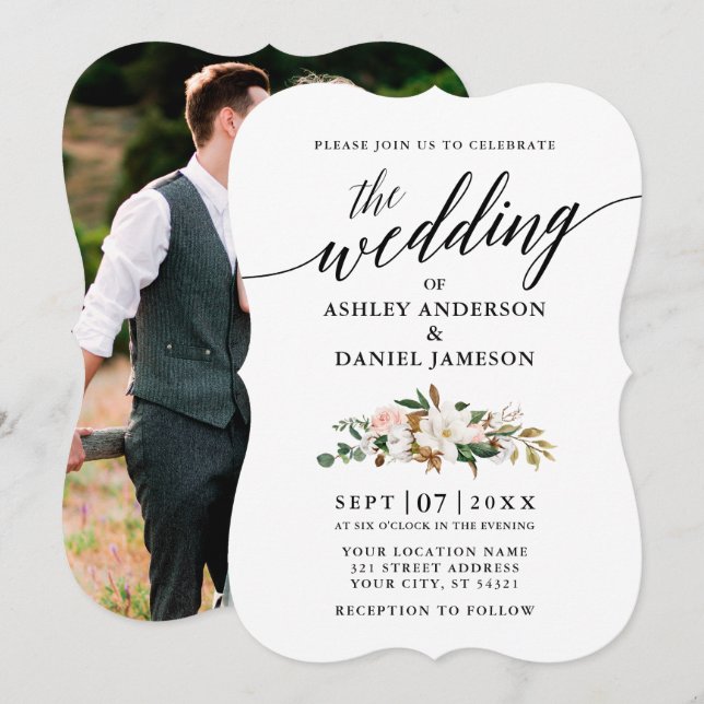 Calligraphy Magnolias Ro Photo Bröllop Inbjudningar (Fram/baksida)