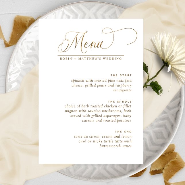 Calligraphy Menu elegant bröllop, White and Guld Meny (Skapare uppladdad)