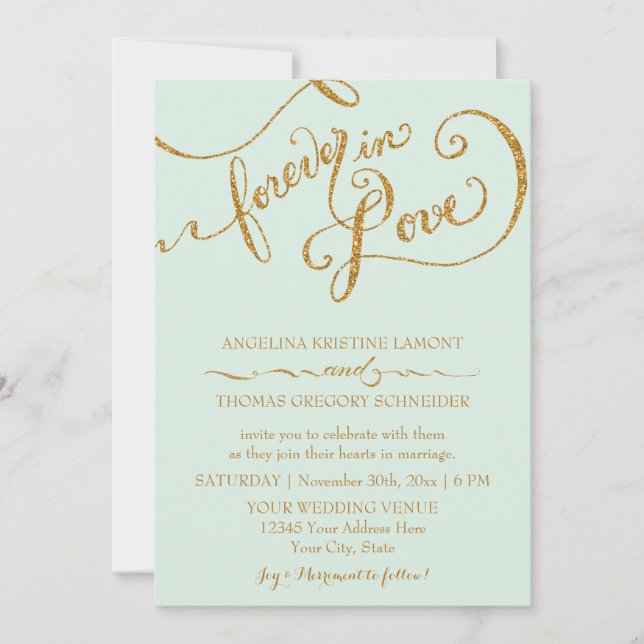 Calligraphy Mint Script Forever love Guld Glitter Inbjudningar (Framsida)
