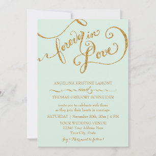 Calligraphy Mint Script Forever love Guld Glitter Inbjudningar