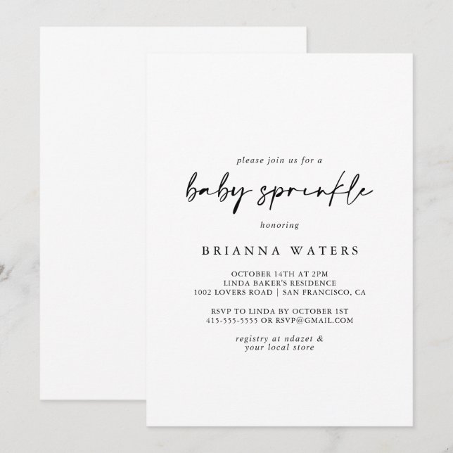 Calligraphy Modern Elegant Baby Sprinkle Inbjudningar (Fram/baksida)