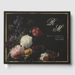 Calligraphy Monogram Black Romantic Flowers Gästböcker