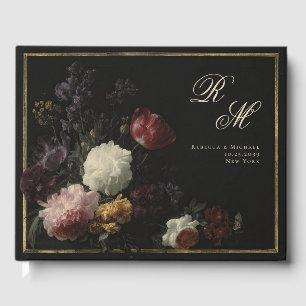 Calligraphy Monogram Black Romantic Flowers Gästböcker