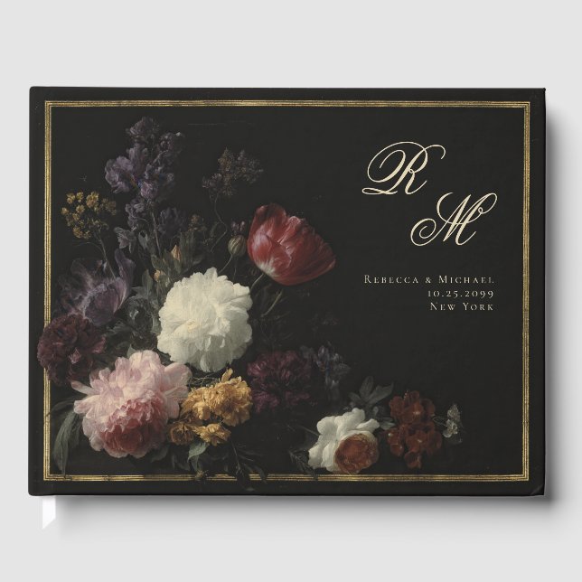 Calligraphy Monogram Black Romantic Flowers Gästböcker (Framsida)