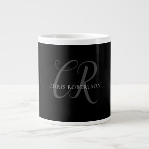Calligraphy Monogram Namn Black Grått Anpassningsb Jumbo Mugg
