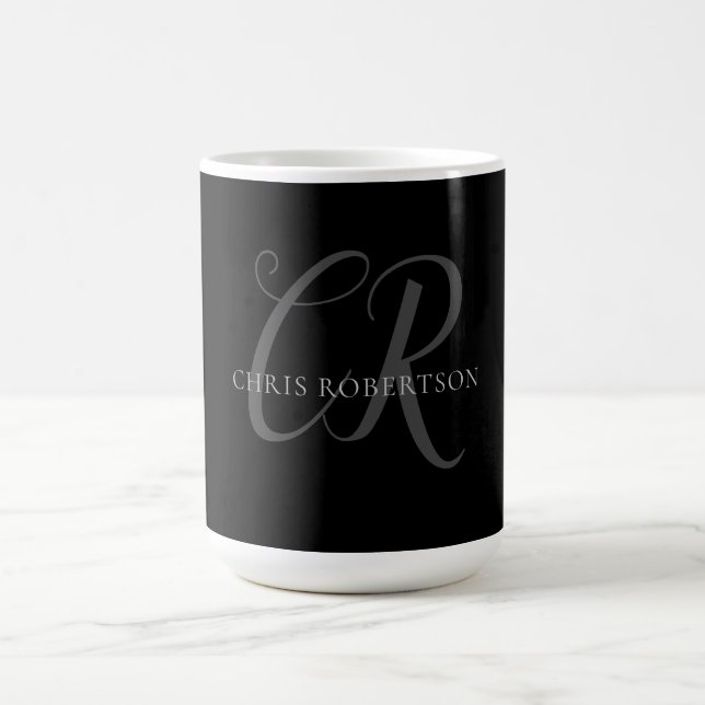 Calligraphy Monogram Namn Black Grått Anpassningsb Kaffemugg (Center)