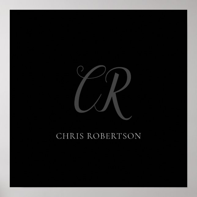 Calligraphy Monogram Namn Black Grått Anpassningsb Poster (Framsidan)