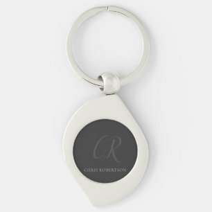 Calligraphy Monogram Namn Black Grått Anpassningsb Swirl Silverfärgad Nyckelring