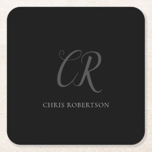 Calligraphy Monogram Namn Black Grått Anpassningsb Underlägg Papper Kvadrat