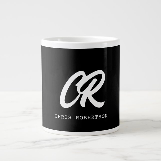 Calligraphy Monogram Namn Black White Anpassningsb Jumbo Mugg (Framsidan)