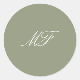Calligraphy Monogram Sage Grönt White Bröllop Runt Klistermärke