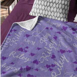Calligraphy Namn Initial Lila Hearts Periwinkle Fleecefilt