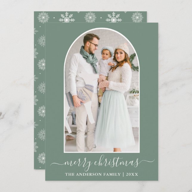 Calligraphy Photo Arch Snöflingor Sage Grönt Julkort (Fram/baksida)